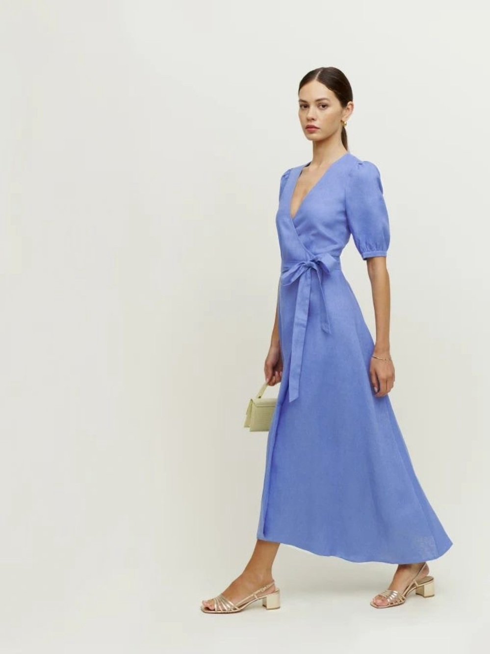 Reformation Cornflower Blue Weiss Linen Puff Sleeve Wrap Maxi Dress - Medium